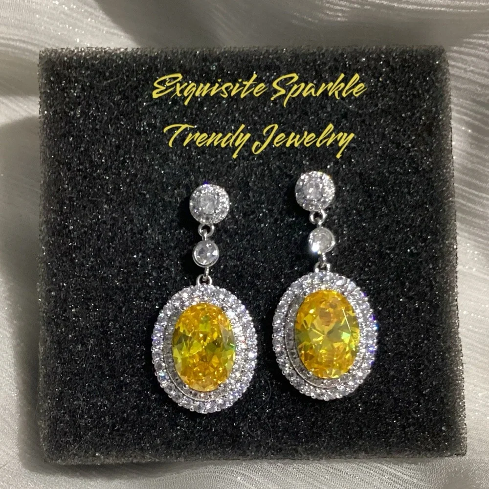 💛Luxurious White & Canary Yellow CZ Diamond Halo Earrings
